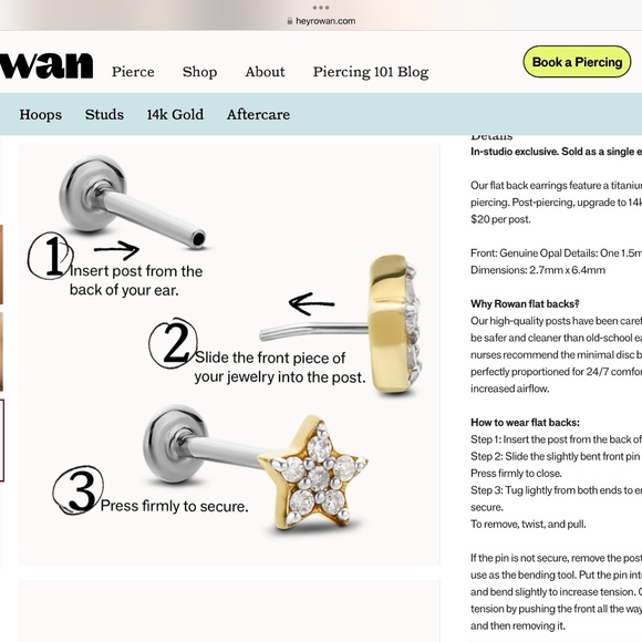 Rowan 14k Opal Drop Flat Back Stud Earrings sensitive safe 2 Studs Total - Picture 2 of 5